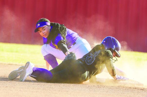 Alpine’s Enyssa Fierro tags a Pecos baserunner diving back to second base during Friday’s scrimmage at Sul Ross State University. Photo by Shawn Yorks