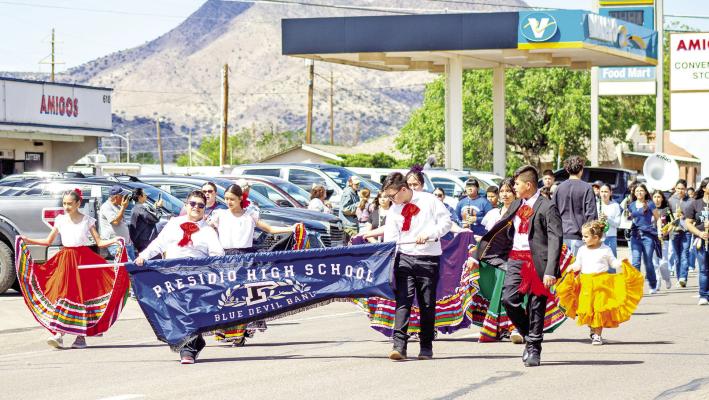 The Pride of Presidio, the Presidio High School Blue Devil Band, took part in Saturday’s Cinco de Mayo parade in downtown Alpine. The band was escorted by folklorico dancers in traditional dress as they marched and played for spectators. Photo by Kara Gerbert