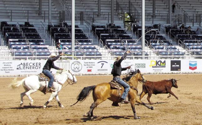 2025 CNFR steer wrestling champion Cameron Haumea (top) and his hazer and fellow steer wrestler Zane Cline (bottom) added to the historic Sul Ross Pecos College Rodeo during Friday morning’s slack by trying their hand at team roping. Photo by Kara Gerbert