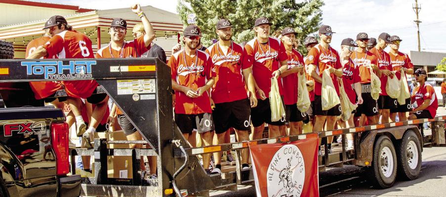 Since the resurgence of professional baseball in Alpine in 2009, the Alpine Cowboys have been a part of the festivities, riding in the parade and then performing on the diamond at Kokernot Field for the hometown crowd. This photo showcases the winningest team to date, the 2024 Pecos League Champions, who hold a Pecos League record of 45-4 with a .918 win percentage. Photo by Kara Gerbert