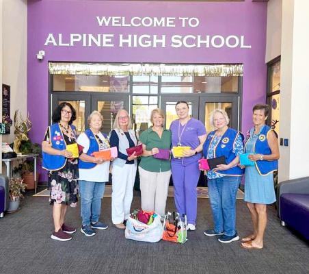The Big Bend Post 79 American Legion Auxiliary recently donated student supplies to Alpine ISD District Nurse Gayla Owen and Chrissy DeLaO. Pictured (L to R) are Sarah Gluck, Linda McAnally, Judy Perry, Gayla Owen, Chrissy DeLaO, Sara Herman, and Judy Stokes. Courtesy photo