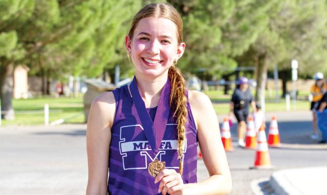 Marfa’s varsity cross-country runner Alyssa Harden took home a third-place finish in Pecos this past Saturday at the West of the Pecos cross-country event. Photo by Kara Gerbert