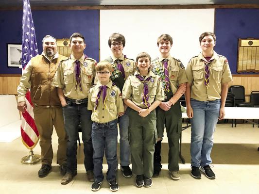Boy Scout Troop 41 recently held their Court of Honor at the American Legion, Post 79. Scouts were awarded rank advancements and merit badges at the ceremony. Pictured are Scout Master Hector Holguin, Arnel Holguin, Chris Craver, Zane Billings, and Cain Vidal. Front row scouts are Max Cramer and Colt Billings. Courtesy photo