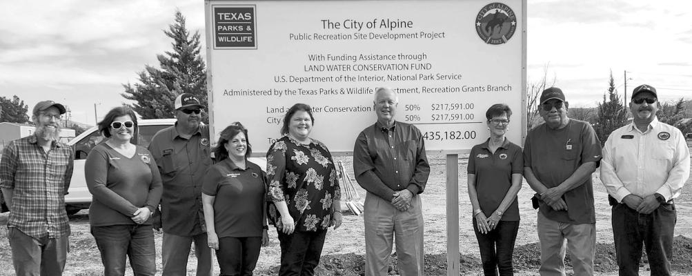 The groundbreaking ceremony was held for the new Pueblo Nuevo Park last Thursday on the southeast side of Alpine. Pictured are Darin Nance, Parks Board Chair; Marci Tuck, Grant Writer; Robert Llanez, Parks Foreman; Catherine Eaves, Mayor; Megan Antrim, City Manager; Greg Henington, Brewster County Judge; Judy Stokes, Council Member Ward 1; Martin Sandate, Council Member Ward 4; and Eddie Molinar, Director of Public Works. Avalanche photo by Kara Gerbert