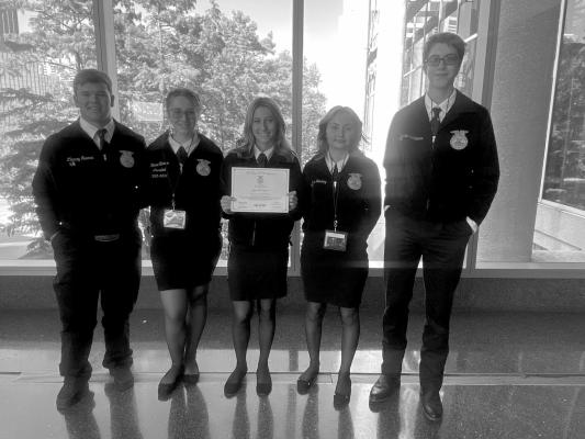 Officers from the Big Bend Chapter of the Alpine FFA recently attended the State FFA Convention held in Dallas. Tannin Ritchie received her Lone Star Degree while attending the convention. From left: Clancy Newman, Reese Coleman, Tannin Ritchie, Allison Sanchez, and Martin Sablatura.