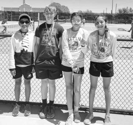 Alpine Middle School tennis players wrapped up their season at the District Tournament in Andrews. Pictured are Danny Santos, Emerson Walker-third place seventh grade boys’ singles, Lili Mendoza-fourth place seventh grade girls’ singles, and Andynne Ramirez-second place seventh grade girls’ singles. Courtesy photo