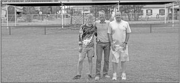 Alpine’s Big Bend Youth Soccer Association and in particular the Karleen family played an essential role in the newly remodeled soccer complex at Sul Ross. Pictured are Abe Karleen, a BBYSA player, his dad and board member of the BBYSA Ben Karleen, and SR men’s soccer coach Jon Evan. Courtesy photo