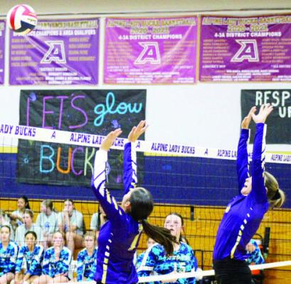 TheAlpine Lady Bucks JV volleyball squad played hard against CompassAcademy last week in the Buck Dome, working on defensive strategies at the net. Photo courtesy of Kody Hawkins