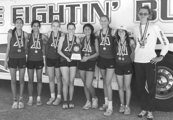 The varsity Alpine Runnin’ Lady Bucks and Runnin’ Buck Hatfield Cason qualified for the Regional cross-country meet to be held in Lubbock. From left, Emy Hernandez, Megan Struthers, Molly Garrett, Tannin Ritchie, Hope Dominguez, Collette Fowlkes, Mia Morris, and Hatfield Cason. Courtesy photo