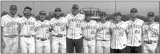 The 2023 Alpine Cowboys All-Stars celebrate after the game with a team photo. From left to right: Manager Sean Persky, James Prockish, Jake Sisto, Mark Traylor, Matt Hess, pitching coachAlejandroAmezquita, Manny Garcia, Bryson Spagnuolo, Connor Kelly,Alex Canty. Photo by Julie Myers.