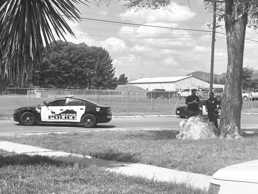 Alpine Police officers respond to a bomb threat at Alpine High School that was called in Monday morning. Photo by Shelley Maroney