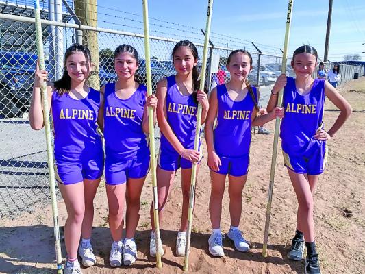 These Alpine Middle School pole vaulters are flying high for the Lady Bucks this track and field season. From left are Layla Chavarria, Isabel Villanueva, Athena Villanueva, Henleigh Anderson, and Maxine Pitts. Courtesy photo