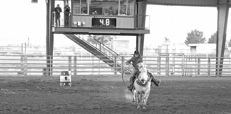 Sul Ross Rodeo barrel racer and breakaway roper Cierra Rimer competed in both events at last Friday night’s Jackpot roping and barrel racing competition held by the Sul Ross Rodeo Team at the SALE Arena. Despite losing her reins in the middle of her run, Rimer had the best time in the barrel racing and won the event. Photo by Kara Gerbert