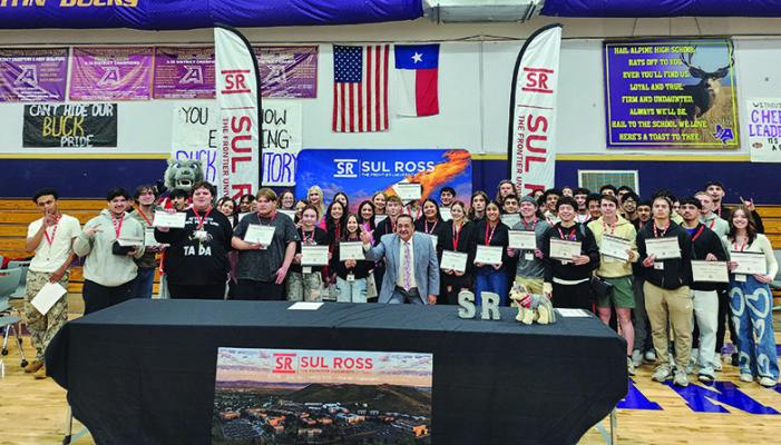 Seventy Alpine High School seniors received certificates on Tuesday morning in a ceremony notifying them of their direct admission to Sul Ross State University. Earlier in the year, many of these same students received direct admission to the University of Texas Permian Basin, in a multi-school collaboration between universities and Alpine ISD that helps simplify the admission process for high school seniors looking to further their education after high school graduation. Photo by Kara Gerbert