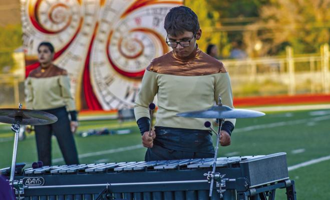Ivan Dominguez played the vibraphone for the Alpine Fightin’ Buck Band’s performance of their “Time After Time” show. Photo by Kara Gerbert