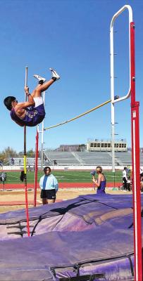Fightin’ Buck Aiden Garcia aims for the bar on April 14 at the District track meet in Alpine. Avalanche photo by J.T. Maroney