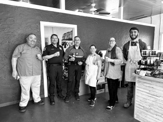 The first “Coffee with Cops” was held at the Bread Garden Bakery recently. Members of the Alpine Police Department showed up to enjoy a Cup O’ Joe with members of the community. Pictured is Captain Felipe Fierro, Lt. Kirk Caughman, Chief Darrell Losoya, owner Gabriela Pilonieta, Lori Griffin, and Isaiah Martinez. Courtesy photo
