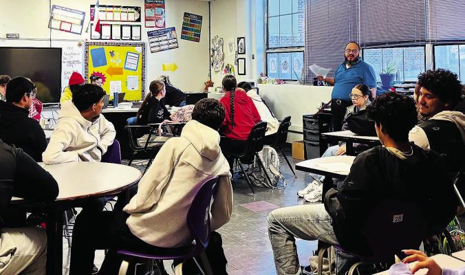These Marfa High School students had the unique opportunity to learn the process of playwriting thanks to Marfa Live Arts’ playwright in residence Ramón Esquivel, a professor of theater at Cal Poly in California. Photo courtesy of Marfa ISD