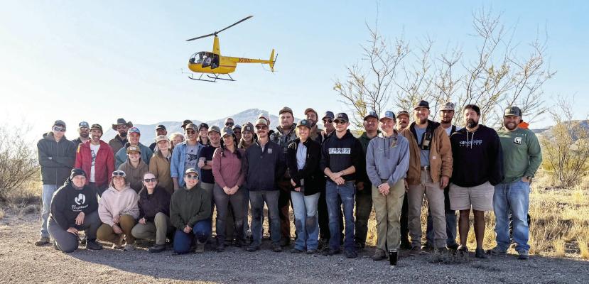 The Borderlands Research Institute, along with Texas Parks and Wildlife, recently spent five days monitoring big game across both Elephant Mountain and Black Gap Wildlife Management Areas. Students joined wildlife professionals and other conservation partners to monitor desert bighorn sheep, mule deer, and aoudad. Photo courtesy of Borderlands Research Institute