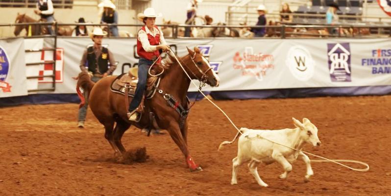 Chloe Berlin thunders out of the roping box after her calf in the breakaway roping at Cisco College this past weekend. Photo courtesy of Rylee Sabelko
