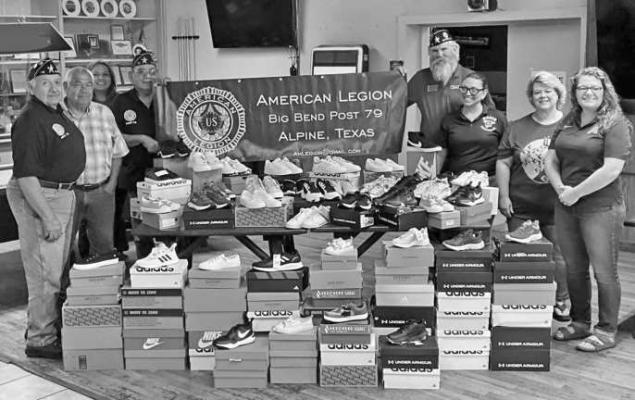 The American Legion Big Bend Post 79 recently donated over $5,000  worth of tennis shoes to area students for the new school year. Pictured  are Legion members Andy Ramos, Fred Rodriguez, Martin Sandate,  Alpine ISD staff  member Laura Portillo, Legion member Jim Sullivan,  Marfa ISD principal Rosie Martinez, AISD school nurse Gayla Owen,  and AISD Superintendent Dr. Michelle Rinehart. Courtesy photo