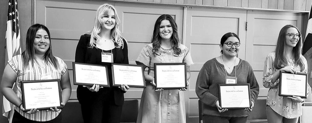 The National Society Daughters of the American Revolution, Paisano Chapter presented their Good Citizen awards to area high school seniors. Pictured are Candace Aguilar of Marathon, Lauren Rogers of Alpine, Jordan Espy Miller of Valentine, Aubrie Aguilar of Marfa, and Alissa Ferguson of Fort Davis. Courtesy photo