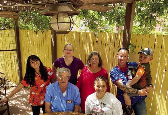 Dr. Ray Allen and his team at Alpine Veterinary Clinic including his granddaughter Kaitlyn Wiggins seated next to him, Maria Espinoza, Elizabeth Parras, his wife Terry Jean Allen, Christy Cross and her son Jacob Cross.