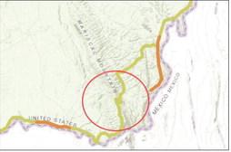 This photo of CBP’s Smart Wall Map was provided by Bob Krumenaker, Chairman of Keep Big Bend Wild and a retired Big Bend National Park superintendent. His addition of a red circle around the affected area of Mariscal Canyon, where plans are to blast a new road are pictured for context. Courtesy photo