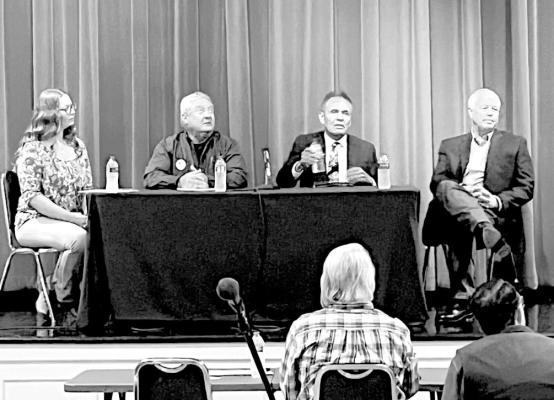 On Oct. 17 at the Alpine ISD administration building auditorium, candidates for contested positions in the upcoming Nov. 8 general election met to discuss issues at a public forum. In the photo, candidates for Brewster County commissioner, Pct. 2, Sara Colando and Mark Chiles, and for Brewster County judge Oscar Cobos and Greg Henington. Avalanche photo by Gail Diane Yovanovich