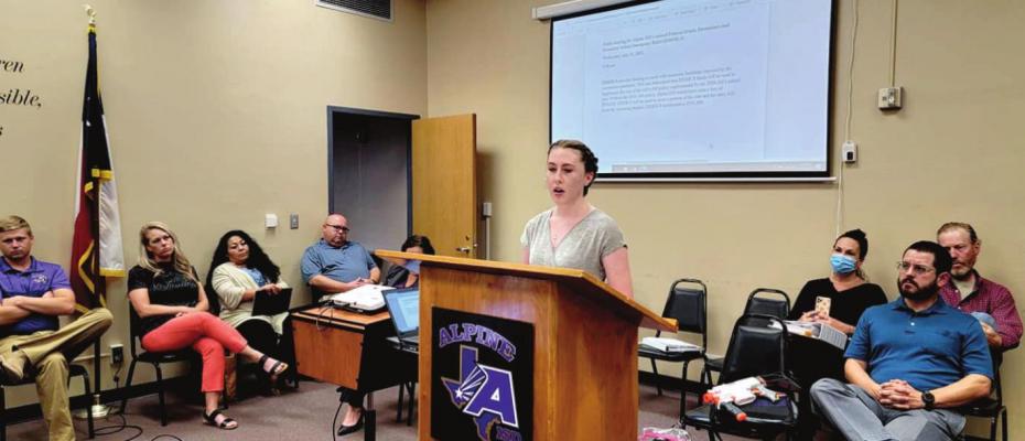Alpine High School 2021 graduate Dalee Sullivan addresses the Alpine ISD Board of Trustees. Avalanche photo by Roxanne Hill