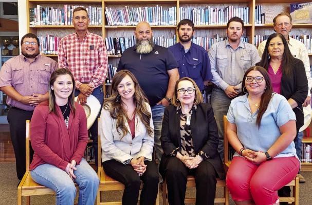 Marathon ISD School Board with new superintendent Keith Kimbrough, includes front row: Marina Aguilar, Cheyenne Marta, Dr. Ivonne Durant, and Leandra Ramirez. Back row: Marcus Celaya, Hayes West, Keith Kimbrough, Andy Lewis, Timothy Roberts, Coy Gonzalez, and Craig Carter. Photo by Kara Gerbert
