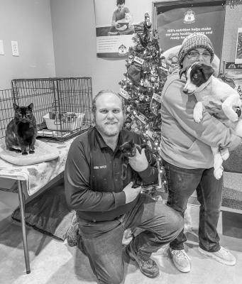 “Buddah”, the mascot for the Alpine Animal Shelter glares approval at the camera as Charles Fox holds “Boba” and Vanessa Soto holds “Greenly” as they pose in front of the Christmas tree at the Alpine Animal Shelter. “Boba” and “Greenly” are anxiously awaiting adoption into a new forever home.