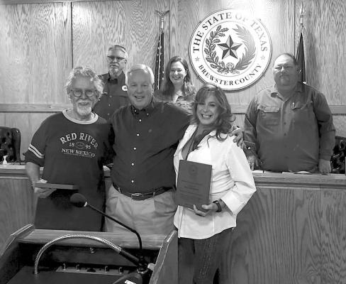 Brewster County Commissioners Jim Westermann, Sara Colando, and Ruben Ortega with Brewster County Judge, Greg Henington presented Keri Blackman and John Davis with plaques recognizing their service to the community. Photo by Joh Covington
