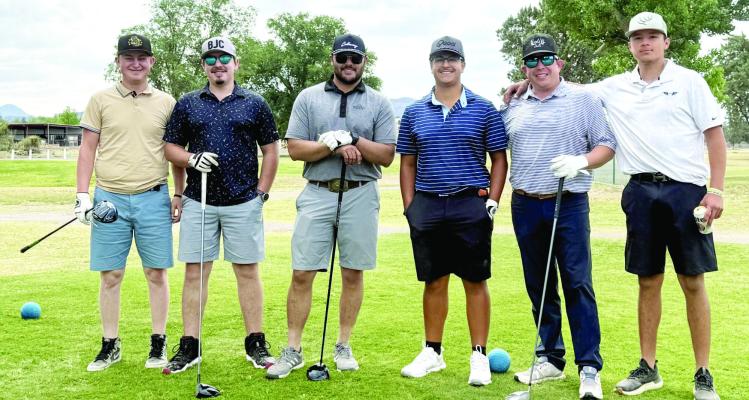Golf enthusiasts hit the links on Saturday at Alpine’s golf course as part of a fundraiser for Alpine High School’s Project Graduation. From left, Alvin Teichroeb, Denver Loewen, Mike Elmer, Ace Granado, J.T. Maroney, and Adrian Lujan. Courtesy photo