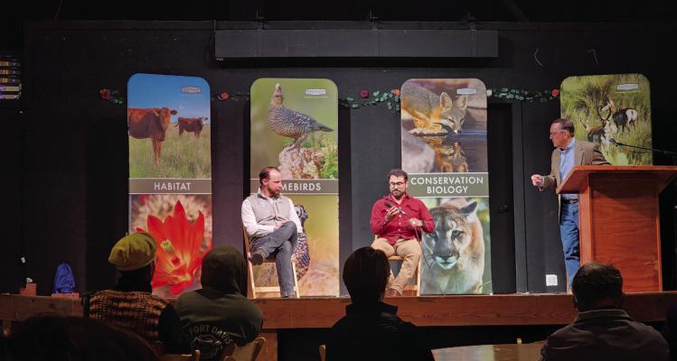 Keynote speaker at this year’s Wildlife Weekend was Romey Swanson, Executive Director of the Devils River Conservancy and owl researcher, who, along with wildlife videographer Austin Alvarado of Fin and Fur Films, took questions from an audience of around 70 people Saturday night about owl research and how camera trapping works as part of wildlife filmmaking. Dr. Louis Harveson moderated the Q&amp;A. Photo by Kara Gerbert