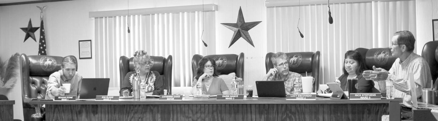 Pictured here is the current Alpine City Council. Shown left to right are council members Reagan Stone and Eva Olivas, Mayor Catherine Eaves, and council members Darin Nance, Lucy Escovedo, and Rick Stephens.