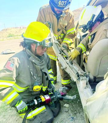 The Terlingua Fire and EMS hosted a skills session this past weekend during the Big Ben Fire Academy. Area firefighters trained for interior fire suppression, salvage and overhaul, hidden fire detection, fire evidence, origin identification, and vehicle extraction as seen here. Courtesy photo