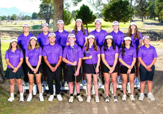 2026 AHS Golf Team: top row, Ace Granado, David Baca, Tripp Warren, Colette Fowlkes, Colt Billings, Jaden Roggow, and Alice Saunders. Front row, Laci Tarango, Analia Adame, Camilo Celaya, Wyatt Warren, Evelyn Smith, Jenna Vega, Gyllian Morrissey, and Enrique Valenzuela. Photo by Windriver Photography