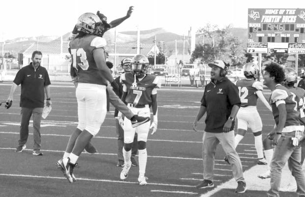 Bucks lineman Auden Ramirez celebrates the game’s first touchdown against the Anthony Wildcats last Friday night. Ramirez put up the first of eight touchdowns by Alpine. Photo courtesy of Noe Lujan