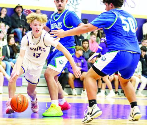 Logan Smith, 13 drives the baseline around Odessa Compass defenders, Friday night at Alpine High School. Smith scored 12 points in Alpine’s 94-57 win. Photo by Shawn Yorks