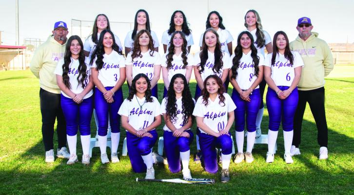 2026 Alpine Varsity Softball Team: (back) Coach Mark Miranda, Kody Hawkins, Reyna Martinez, Emyliana Hernandez, Taryn Hardin, Kacy Hawkins, Coach Chris Virdell (middle)Danika Baeza, Isela Carrasco, Aila Carpenter, Emily Sweat, Angelina Carter, Zariah Galvan, Alyna Gutierrez (front) Laci Tarango, Destiny Salguero, and Aaliyah Garcia. Courtesy photo
