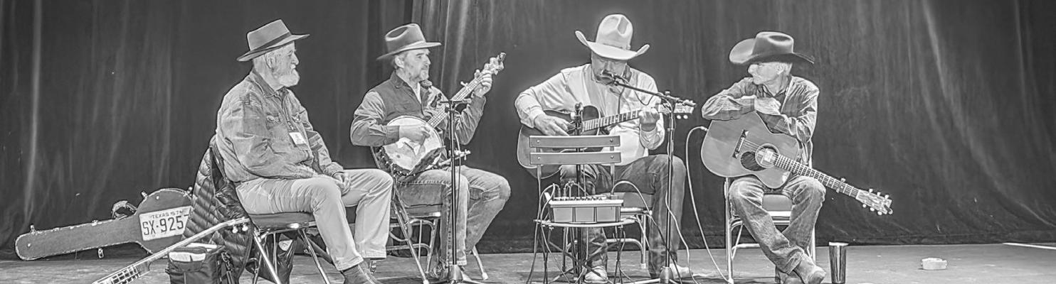 Hal Cannon, Lloyd Wright, Pipp Gillette, and Gail Steiger performed cowboy songs and told stories of how their songs came about during the “Gifts from Oldtimers” session on Saturday at this year’s Lonestar Cowboy Poetry Gathering. Photo by Kara Gerbert