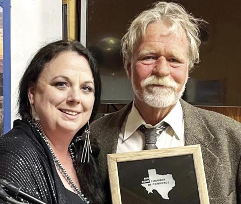 Big Bend Chamber of Commerce Vice President Kaci Kothmann is shown with Citizen of the Year recipient Mike Drinkard at the Chamber’s first annual Winter Gala. Drinkard runs the Crisis Center located in the Terlingua Ghostown. Courtesy photo