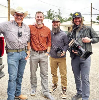 A documentary based on the economic and biological impacts of hunting in West Texas will be filmed in and around the area, led by the non-profit group Blood Origins whose mission it is to educate people on the benefits of hunting and in turn conservation. Pictured with Brewster County Sheriff Ronny Dodson is Robbie Kroger of Blood Origins, Matt Henry co-owner of SaltBox Creative out of Dallas, and Matt Land co-owner of Land Limited, Ltd. from North Carolina. Courtsey photo
