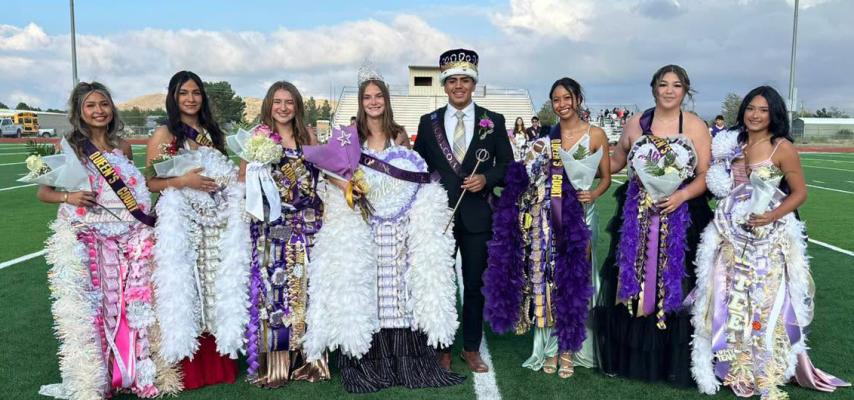 Molly Garrett and Josh Solis were named the 2026 AHS Homecoming Queen and King before last Friday night’s game. The queen’s court, from left, is Gabriella Dominguez, Emory Mercado, Evelyn Smith, Queen Molly Garrett, King Josh Solis, Taryn Hardin, Allyson Sandoval, and Ailea Fierro. Courtesy Photo