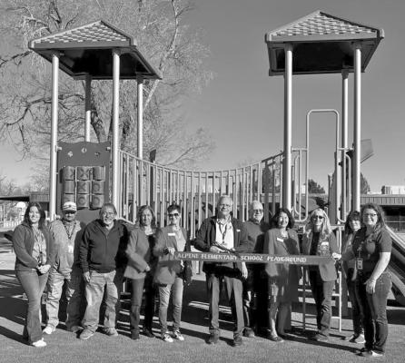 Alpine Elementary School held a ribbon cutting on Monday morning to celebrate the installation of the new playground equipment. On hand for the ceremony were the Alpine Ambassadors as well as members of the AES and AISD staff. Courtesy photo