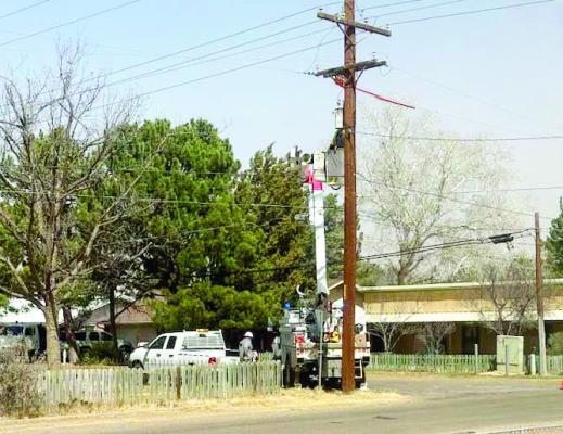 High winds above 30 mph on Tuesday had workers from AEP out and repairing blown transformers, leaving numerous Alpine customers without power during the day. Reports from law enforcement encouraged motorists to stay home due to low visibility in the area. Photo courtesy of Judy Stokes