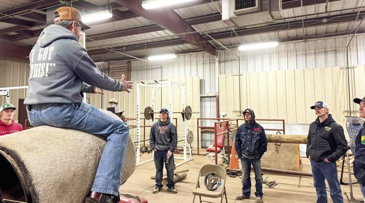 World Champion bull rider and Rodeo Hall of Famer Cody Custer visited the Sul Ross Rodeo Team last week and gave a lecture as well as a clinic on bull riding, how to tackle things in the arena and in life. Clinics such as this are one of the many learning tools being employed by Coach C.J. Aragon to help his team. Photo courtesy of Sul Ross Rodeo Team