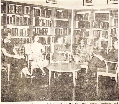 March 5, 1959 – Sul Ross librarians are shown as they prepare for the second Workshop for Librarians, which will draw approximately 200 librarians from all of West Texas. Left to right are Mrs. Lanell Skinner, circulation librarian; Mrs. Dorothy Murray, periodicals librarian; Miss Ellie McKinney, assistant director; Mrs. Nieball, cataloger; and Warren Baxley, head of the library. The dates are March 20-21.