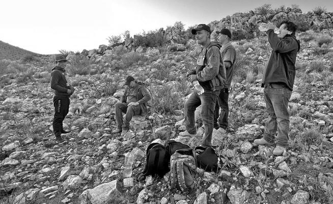 A common occurrence in Brewster County and for the Brewster County Sheriff’s Office is the apprehension of illegal aliens. Last Friday, a group of five suspects were reported on private property southeast of Marathon. Deputies and U.S. Border Patrol tracked the group, who were from Brazil and Mexico. They were turned over to USBP for processing and deportation. Photo courtesy of BCSO